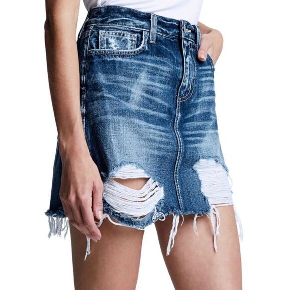 L’AGENCE Jolene Denim Raw Edge Mini Skirt Destructed Newberry Blue - Picture 1 of 9